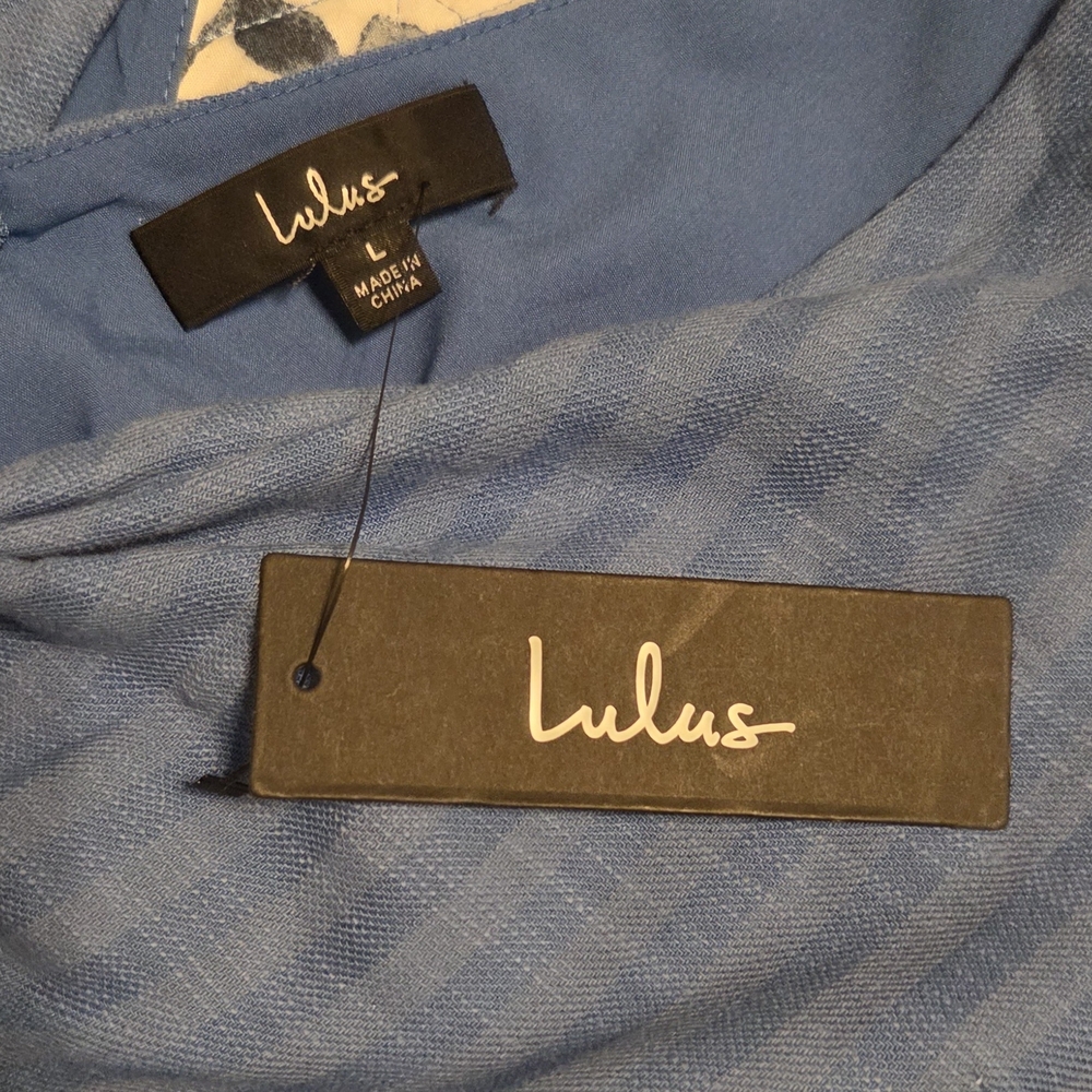 NWT Lulus Blue Bow Front Mini Dress Women's Large Flutter Sleeve Ruffle Hem - Picture 2 of 5
